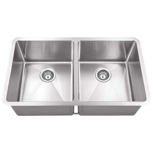 32" L x 19" W x 10" D Undermount 16 Gauge Handmade Stainless Steel 50/50 Double Bowl Sink