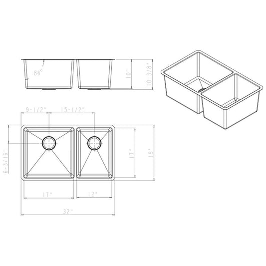 32" L x 19" W x 10" D Undermount 16 Gauge Handmade Stainless Steel 60/40 Double Bowl Sink