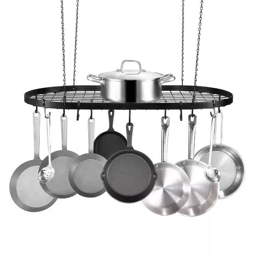 Black Carbon Steel Ceiling Mount Oval Hanging Kitchen Pot Rack with 12