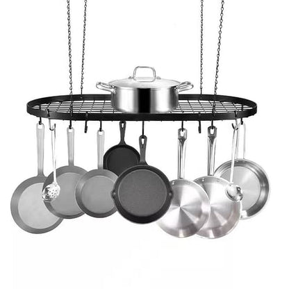 Black Carbon Steel Ceiling Mount Oval Hanging Kitchen Pot Rack with 12