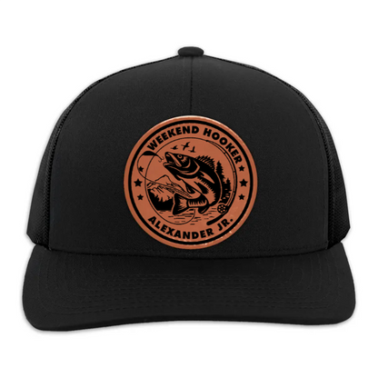 Weekend Hooker Funny Fishing - Personalized Leather Patch Hat - Gift for Him, Husband, Daddy, Fishing Lovers