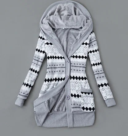Thick Printed Hooded Knitted Cardigan Jacket