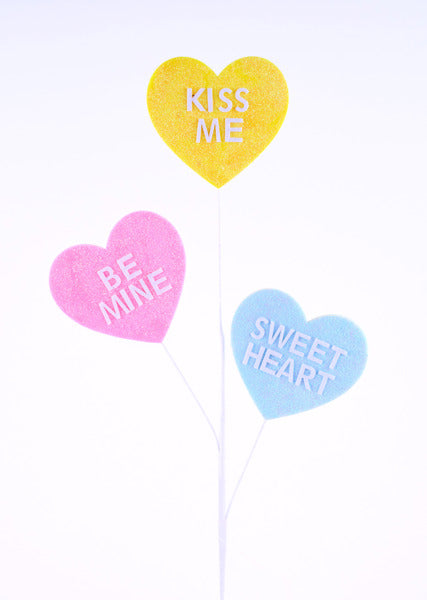 27.5"L GLITTER CANDY HEART SPRAY YELLOW/PINK/LT BLUE