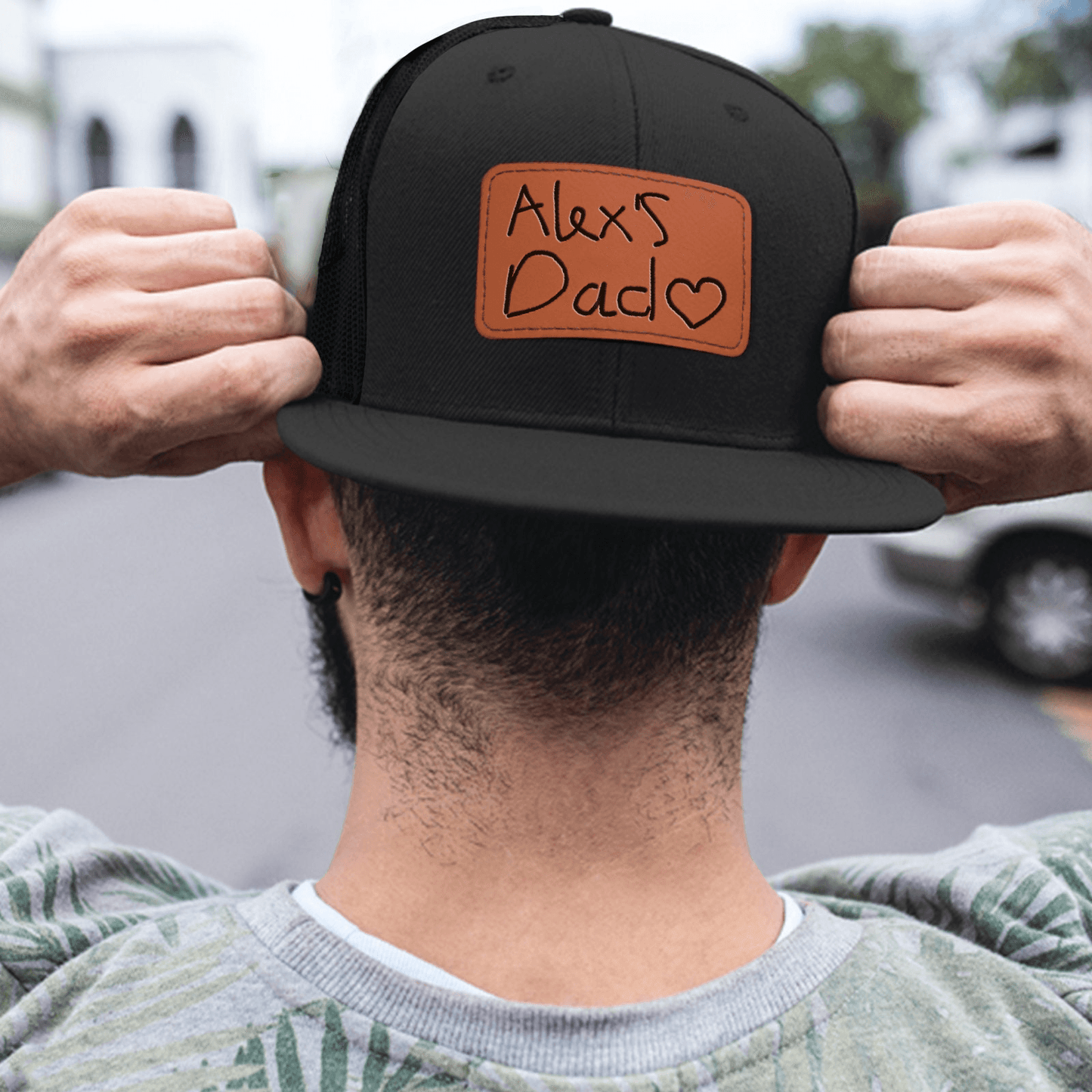 Custom Kids Handwriting Trucker Hat - Engraved Leather Patch Hat - Father's Day Gift for Him, Husband, Daddy, Grandpa | From Daughter, Kid, Son