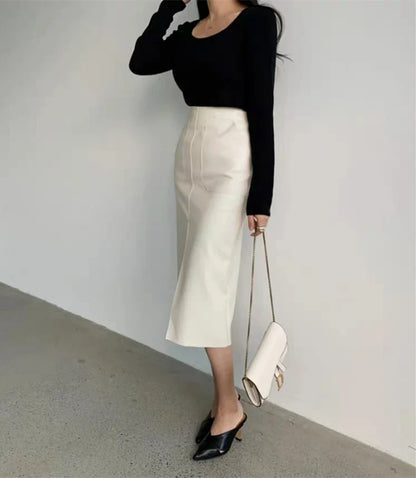 Slim Straight Faux Leather Skirt Women Chic Split Design Fashion