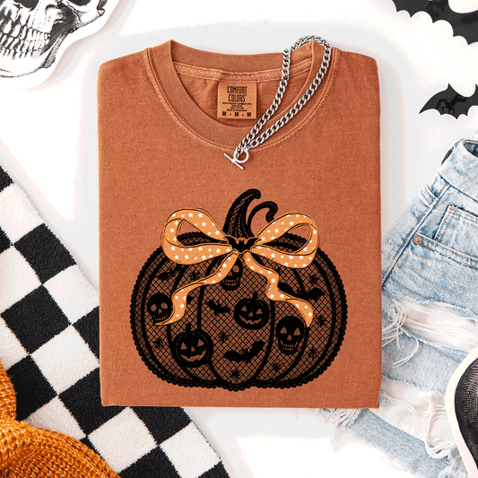 Halloween Pumpkin, Faux Lace, Coquette, Ribbon, Bows, Comfort Colors T-Shirt
