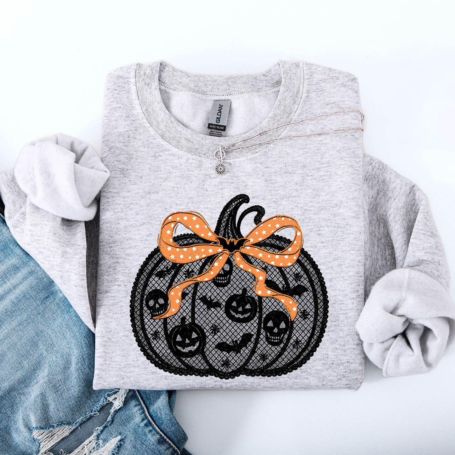 Halloween Pumpkin, Faux Lace, Coquette, Ribbon, Bows Sweatshirt