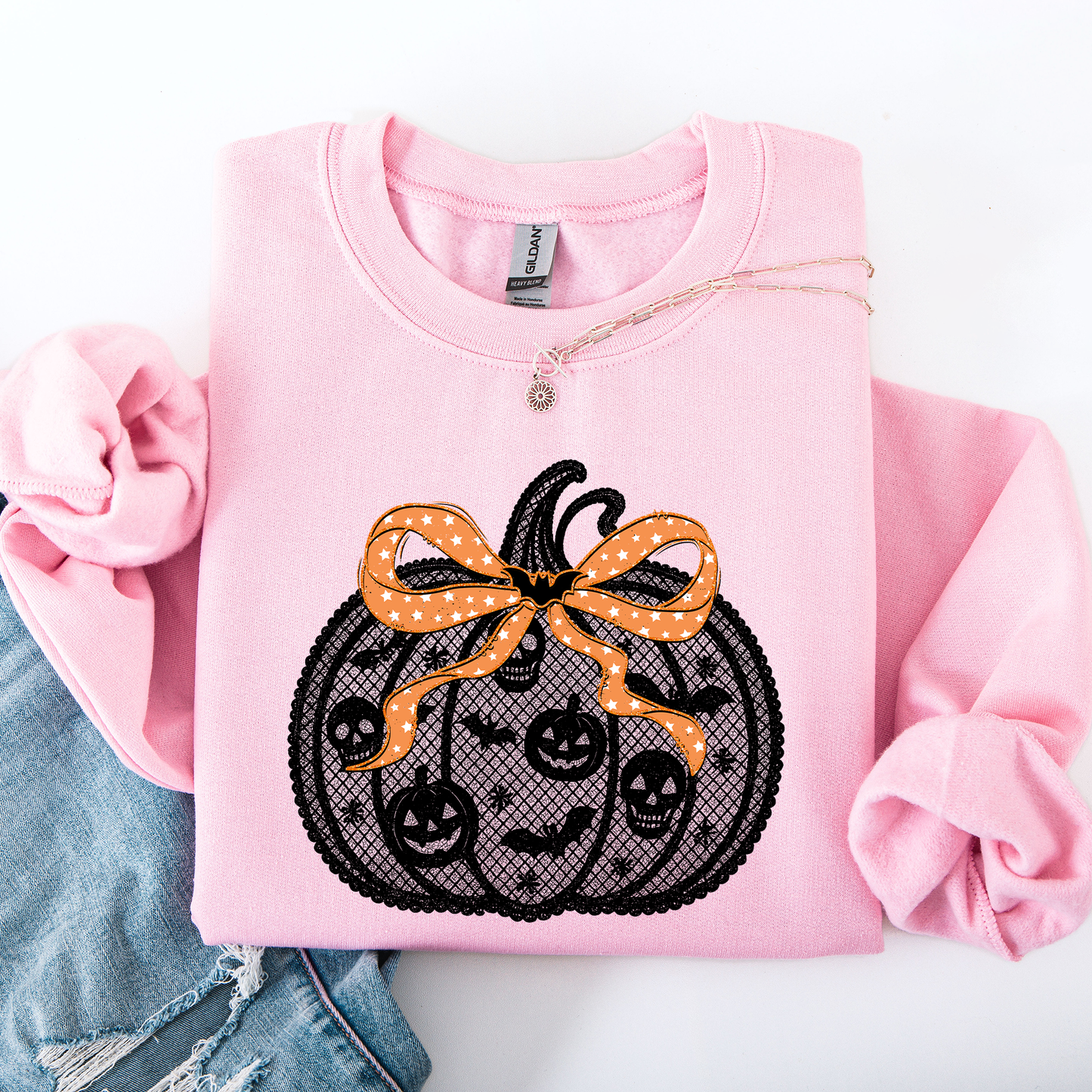 Halloween Pumpkin, Faux Lace, Coquette, Ribbon, Bows Sweatshirt