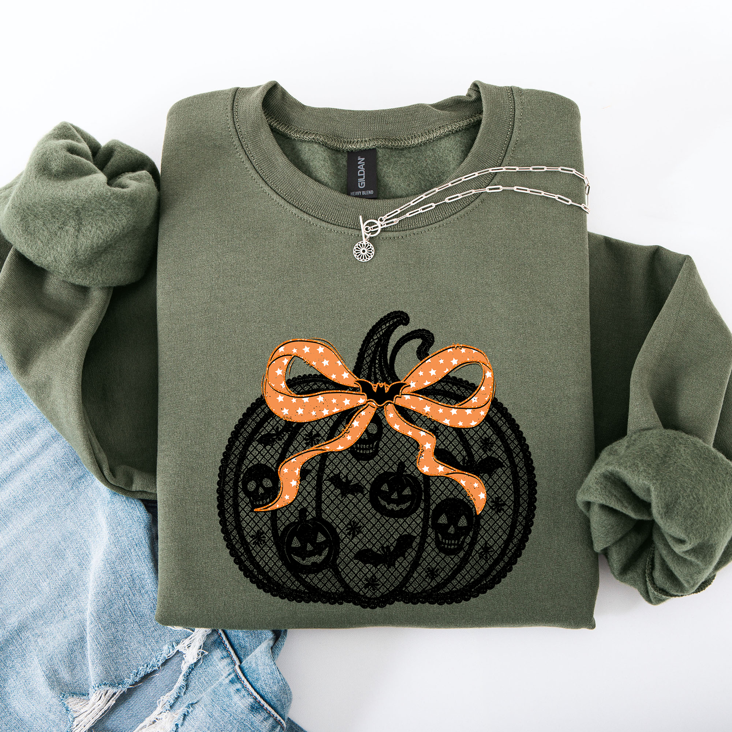 Halloween Pumpkin, Faux Lace, Coquette, Ribbon, Bows Sweatshirt