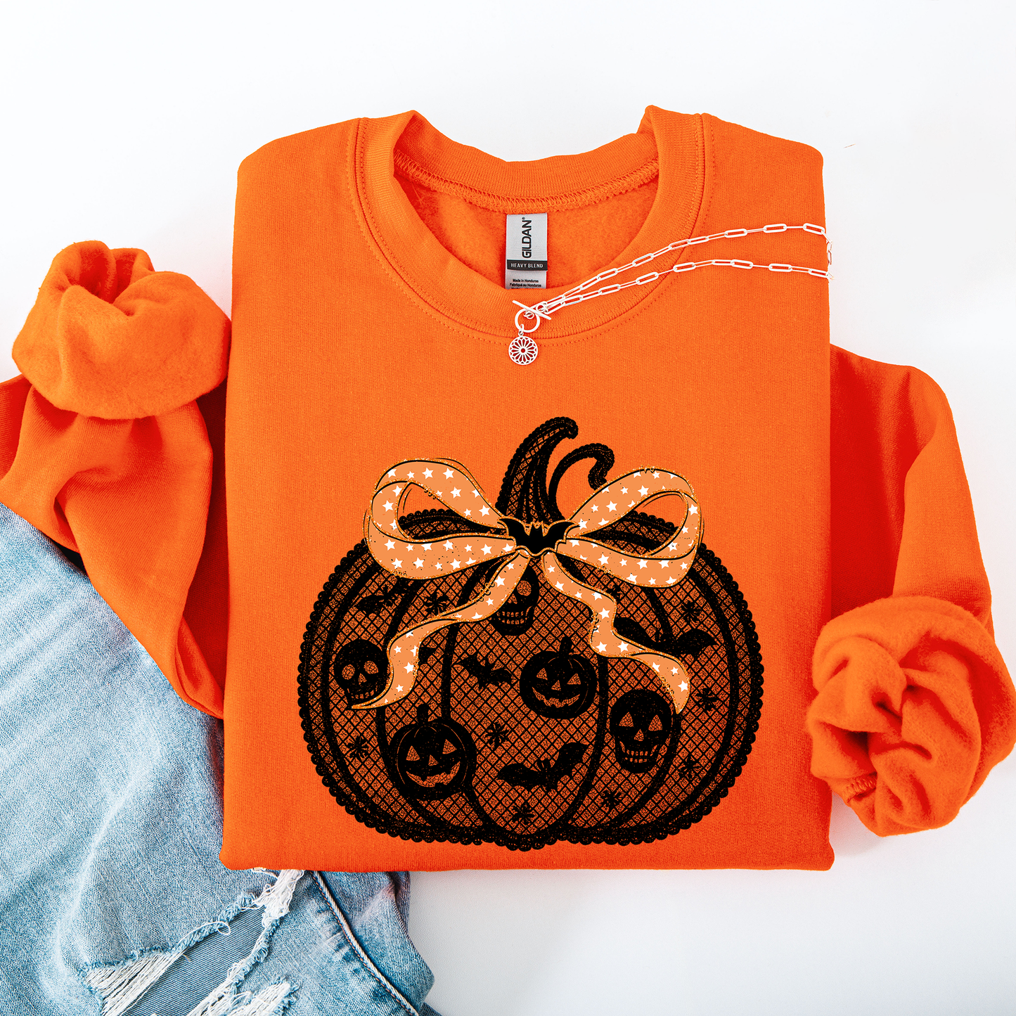 Halloween Pumpkin, Faux Lace, Coquette, Ribbon, Bows Sweatshirt