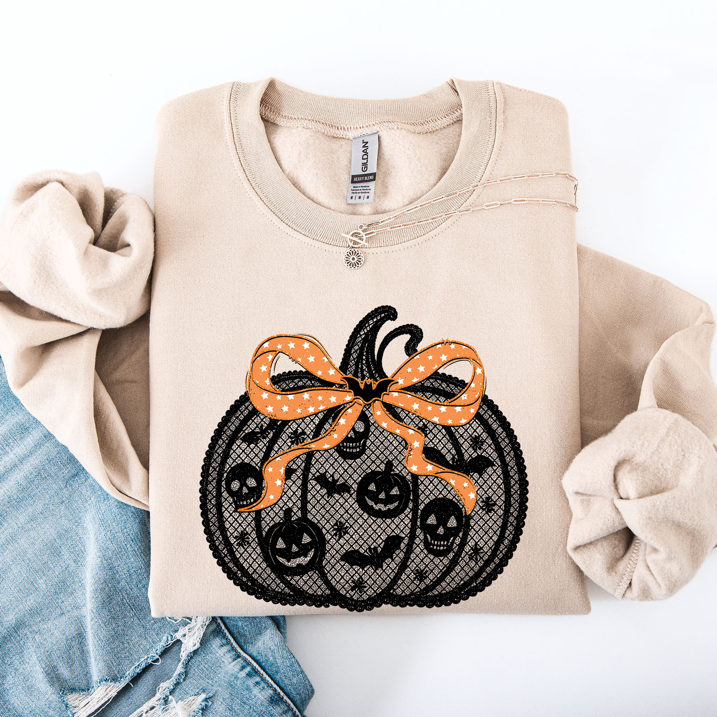Halloween Pumpkin, Faux Lace, Coquette, Ribbon, Bows Sweatshirt