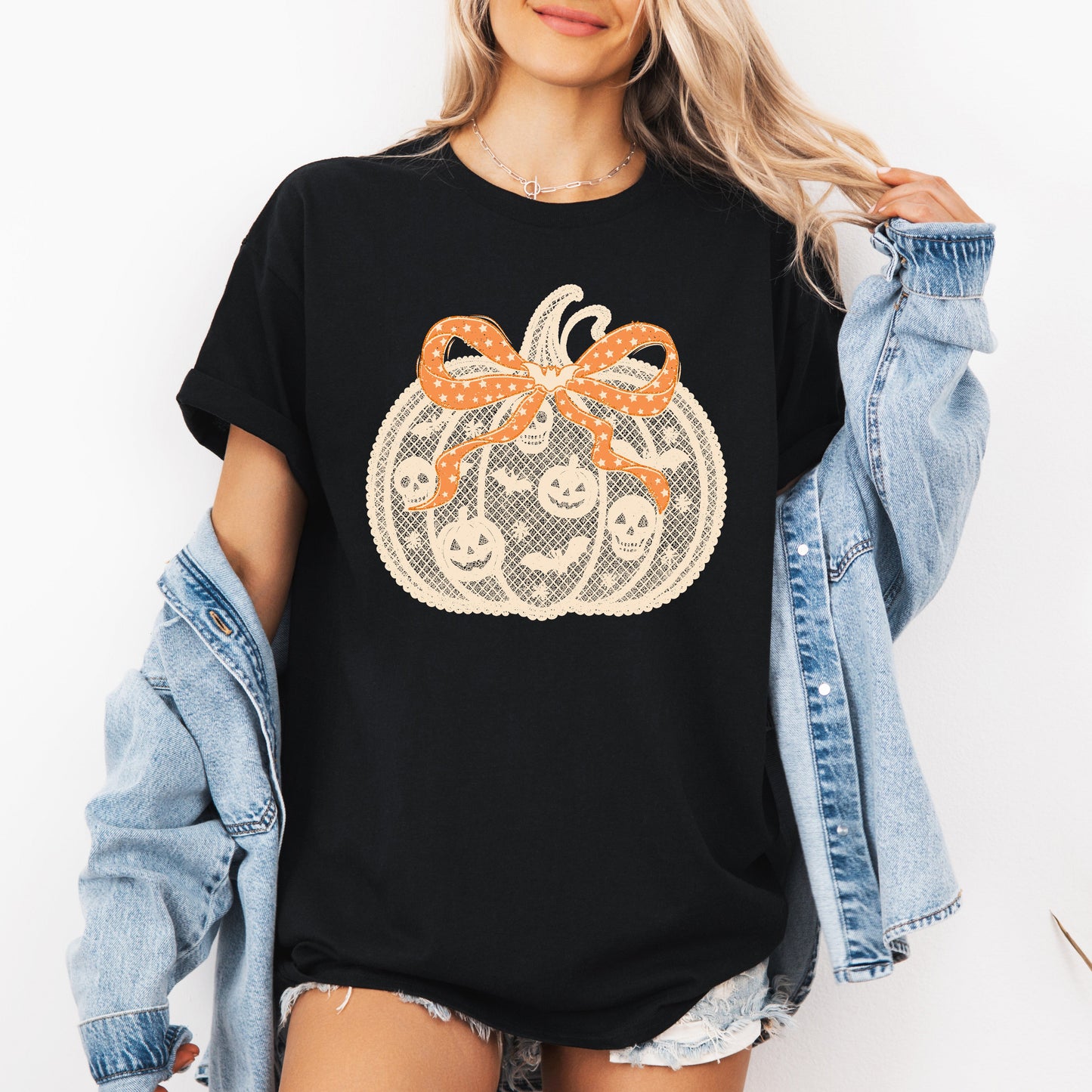 Halloween Pumpkin, Faux Lace, Coquette, Ribbon, Bows, Tshirt