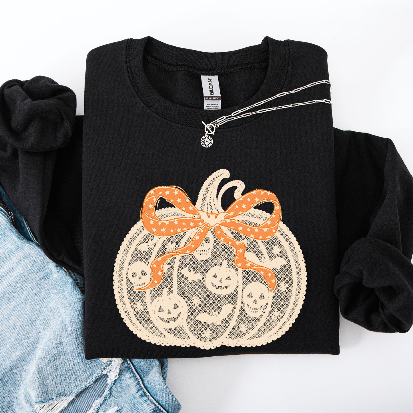 Halloween Pumpkin, Faux Lace, Coquette, Ribbon, Bows Sweatshirt