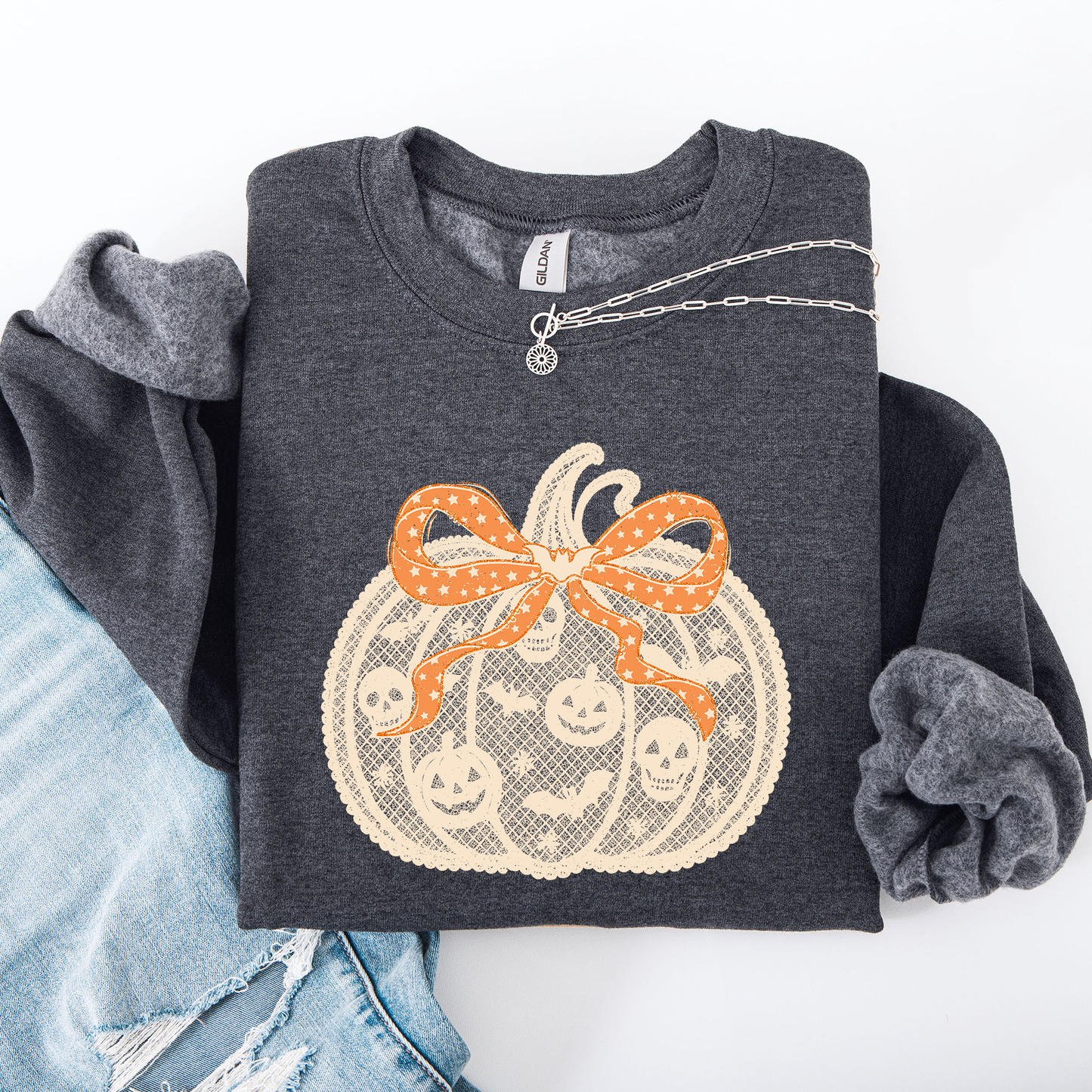 Halloween Pumpkin, Faux Lace, Coquette, Ribbon, Bows Sweatshirt