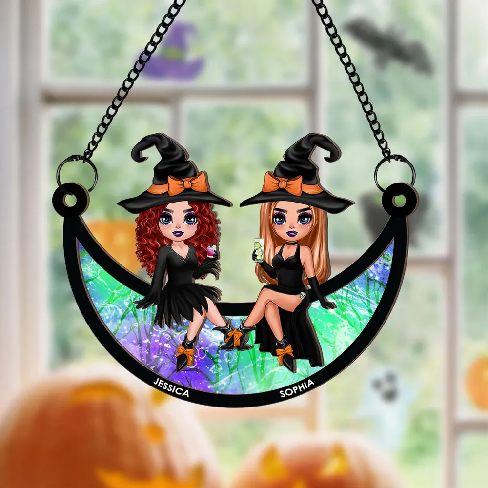 Halloween Witch Besties Sitting On Moon - Personalized Window Hanging Suncatcher Ornament - Gift For Her, Besties, Best Friends, Sisters
