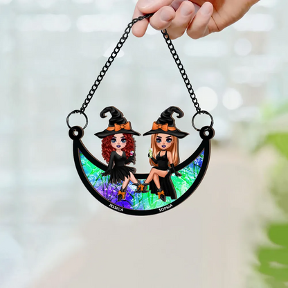 Halloween Witch Besties Sitting On Moon - Personalized Window Hanging Suncatcher Ornament - Gift For Her, Besties, Best Friends, Sisters