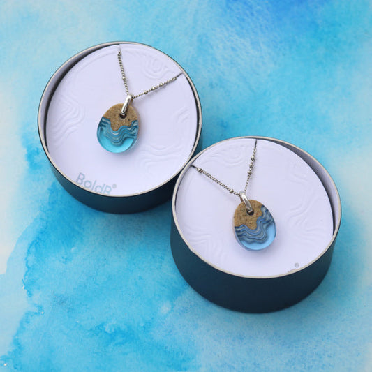 Oceanfront Necklace – Aqua & Ultramarine Resin Oval Pendant