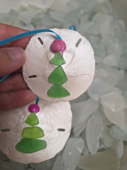 Christmas Ornament - Coastal Sand Dollar with Sea Glass Tree Handmade