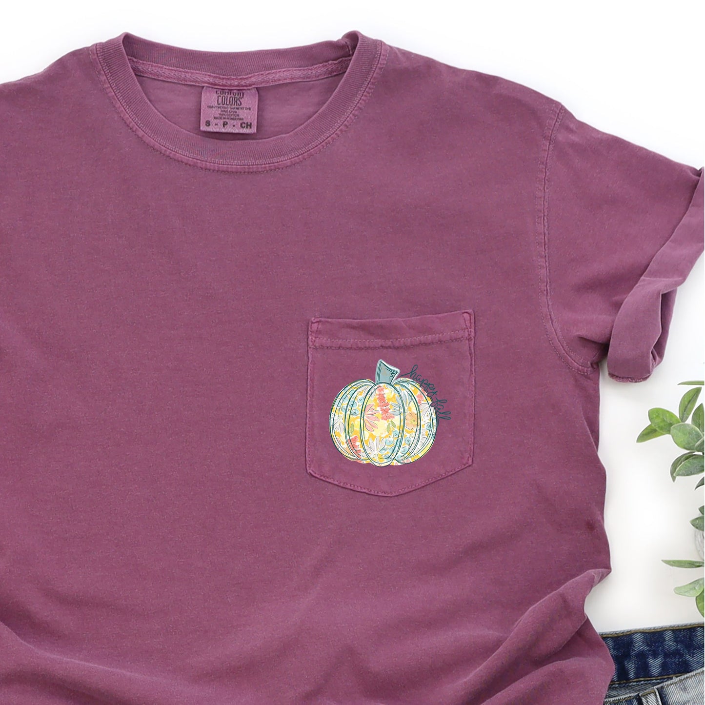 Happy Fall, Pastel Pumpkin, Thanksgiving, Flowers, Pocket Tee Comfort Colors T-Shirt