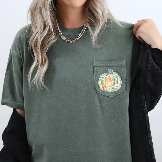 Happy Fall, Pastel Pumpkin, Thanksgiving, Flowers, Pocket Tee Comfort Colors T-Shirt