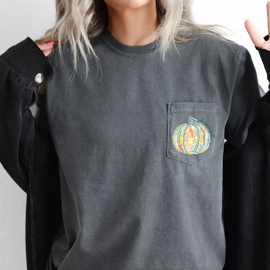 Happy Fall, Pastel Pumpkin, Thanksgiving, Flowers, Pocket Tee Comfort Colors T-Shirt
