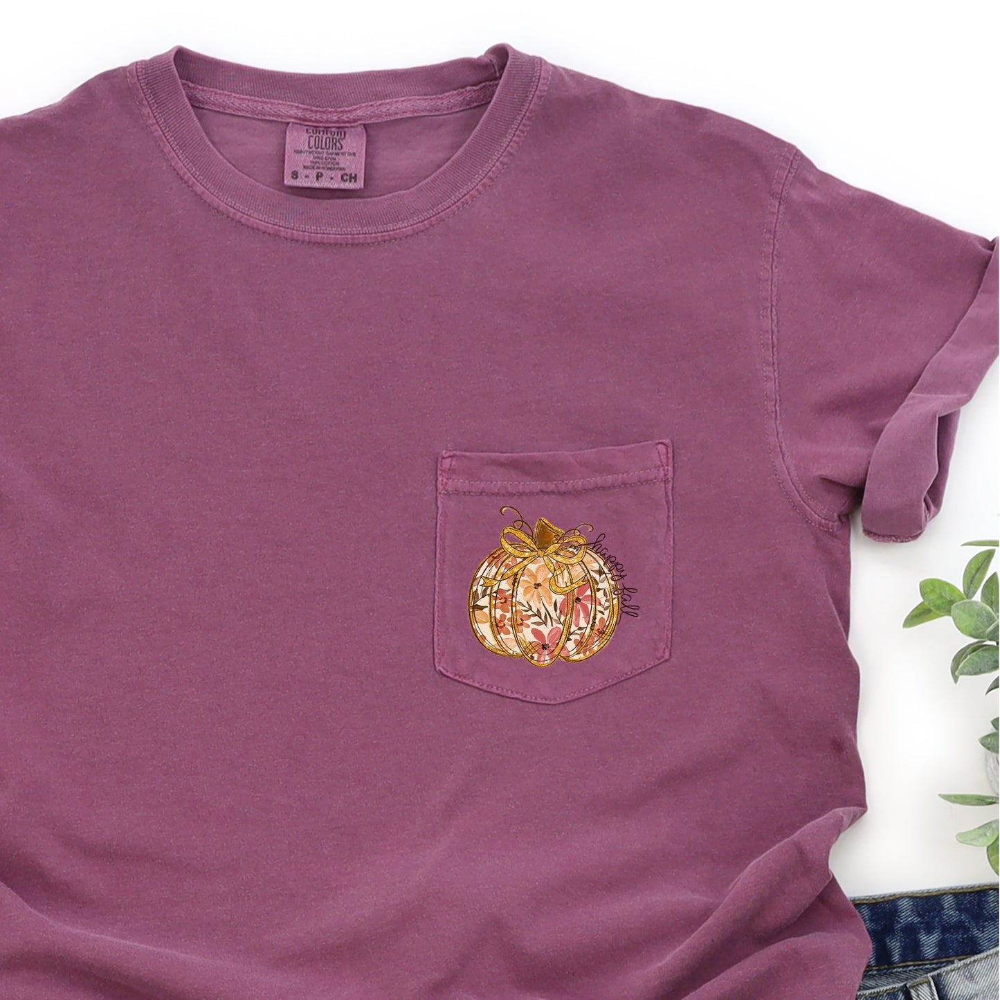 Happy Fall, Pumpkin, Thanksgiving, Flowers, Pocket Tee Comfort Colors T-Shirt