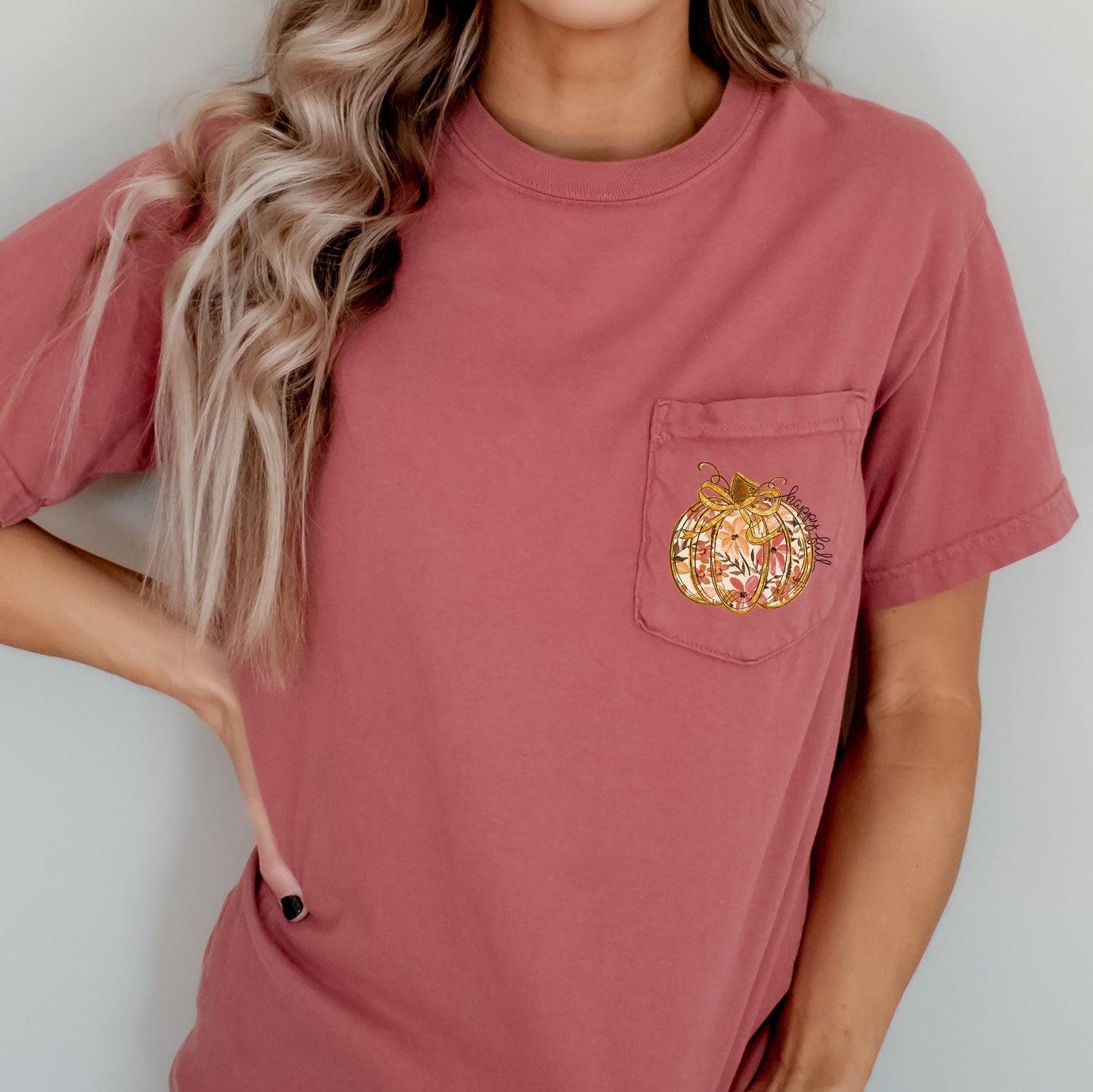 Happy Fall, Pumpkin, Thanksgiving, Flowers, Pocket Tee Comfort Colors T-Shirt