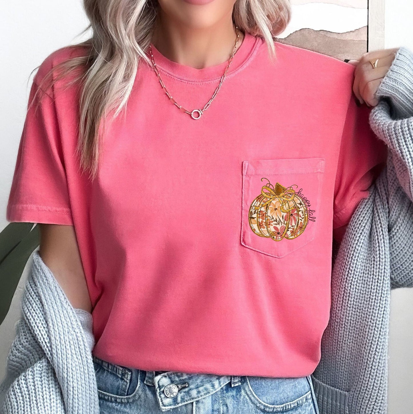 Happy Fall, Pumpkin, Thanksgiving, Flowers, Pocket Tee Comfort Colors T-Shirt