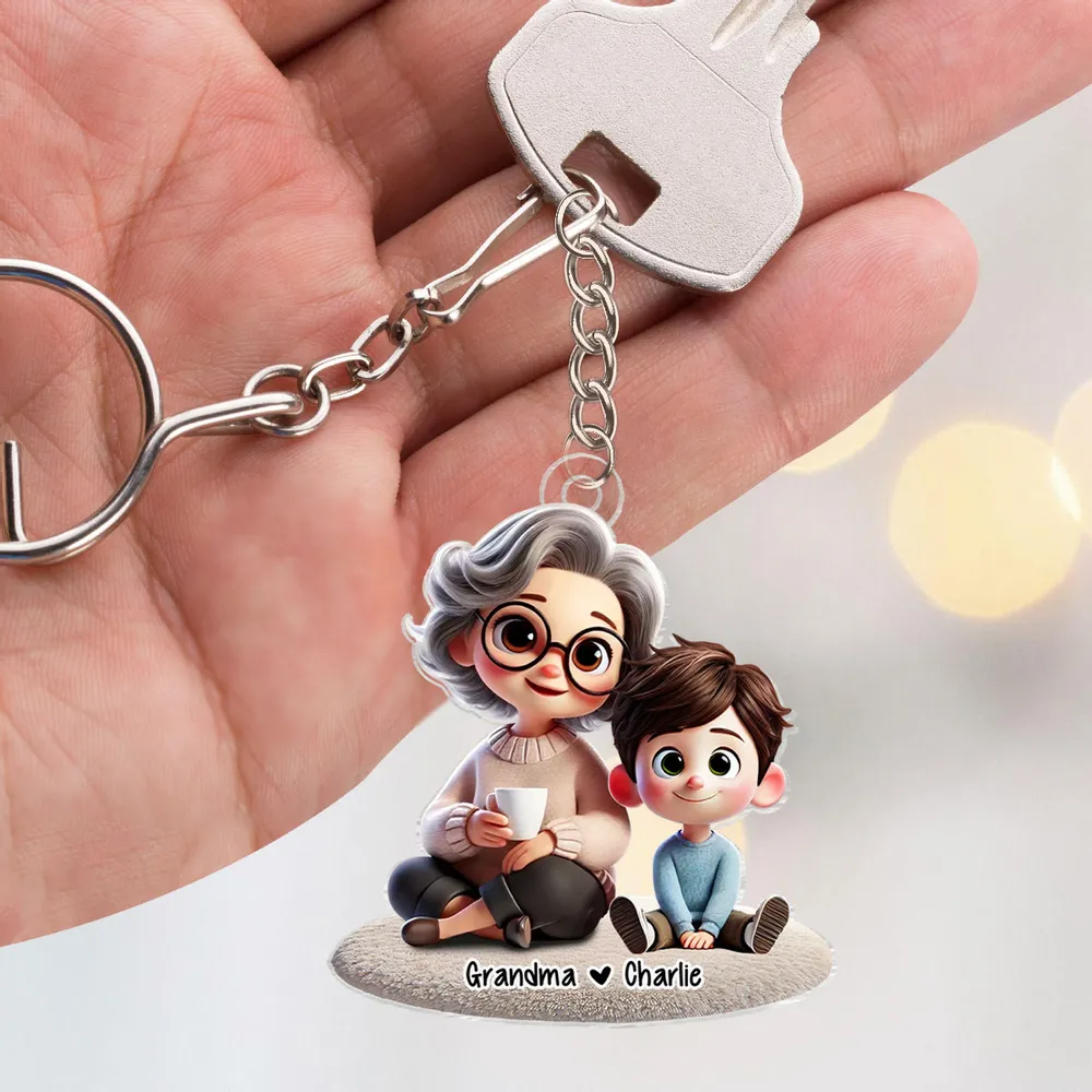 Happy Grandma & Grandkid Sitting - Personalized Acrylic Keychain - Gift for Grandma, Nana, Grammy