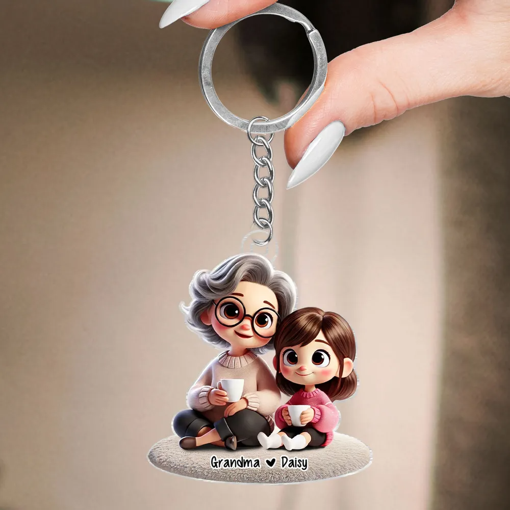 Happy Grandma & Grandkid Sitting - Personalized Acrylic Keychain - Gift for Grandma, Nana, Grammy