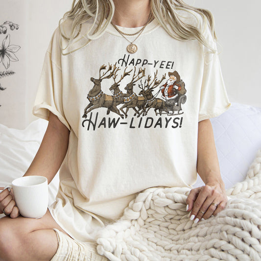 Happy Holidays, Yee Haw, Santa Cowboy, Reindeer, Comfort Colors, Tshirt