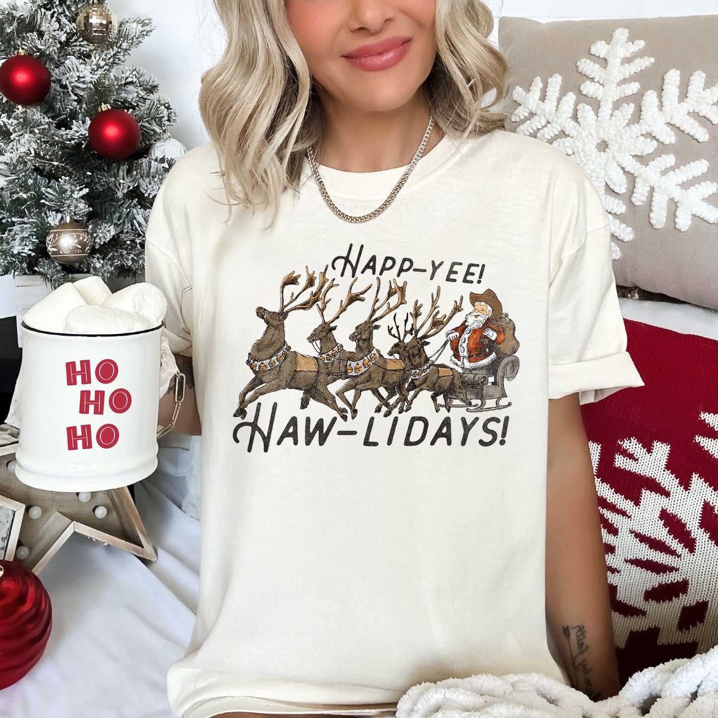 Happy Holidays, Yee Haw, Santa Cowboy, Reindeer, Comfort Colors, Tshirt