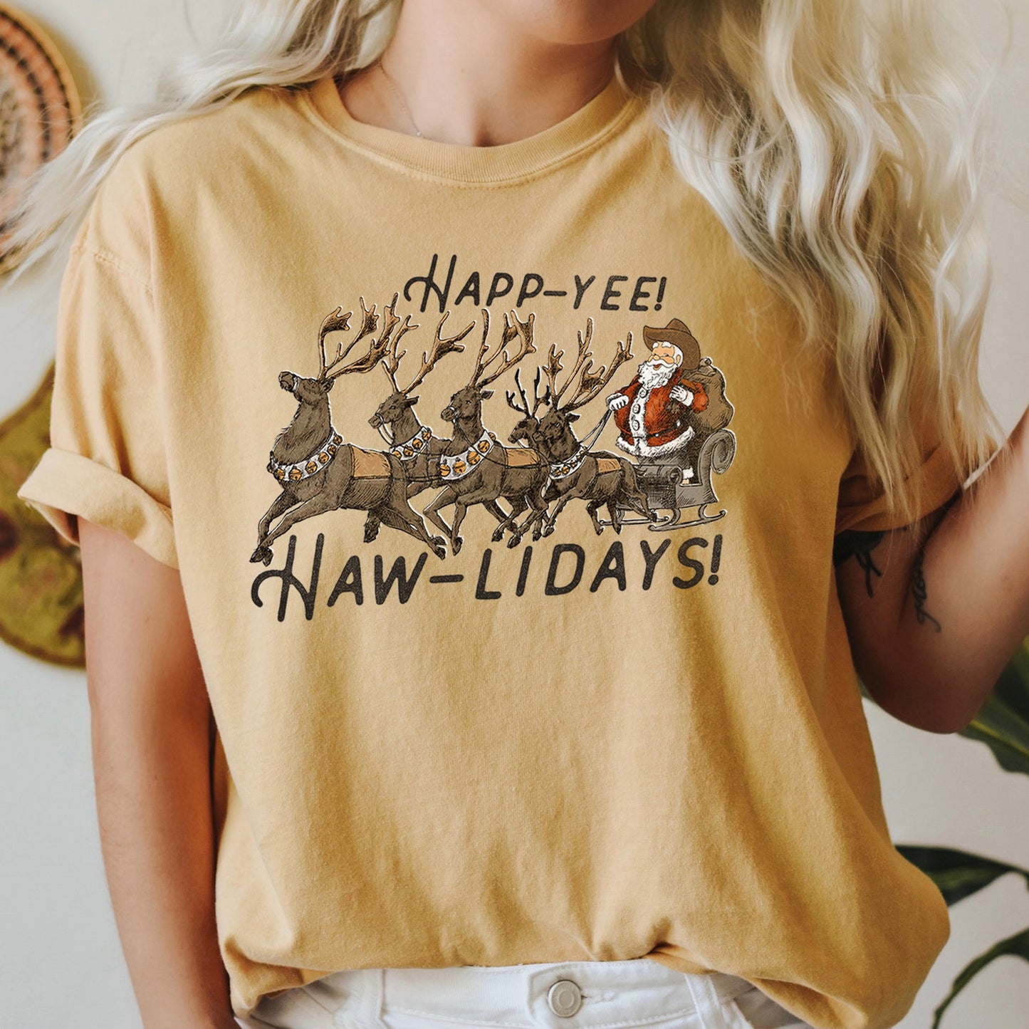 Happy Holidays, Yee Haw, Santa Cowboy, Reindeer, Comfort Colors, Tshirt