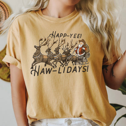 Happy Holidays, Yee Haw, Santa Cowboy, Reindeer, Comfort Colors, Tshirt