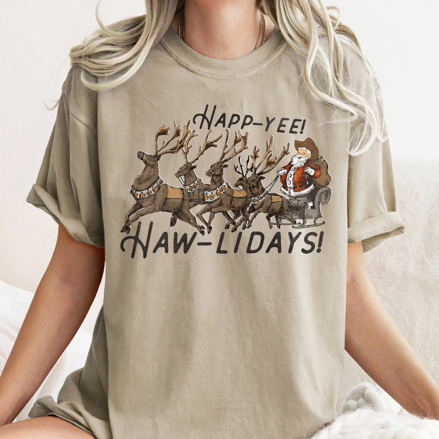 Happy Holidays, Yee Haw, Santa Cowboy, Reindeer, Comfort Colors, Tshirt