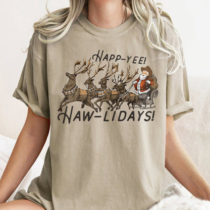 Happy Holidays, Yee Haw, Santa Cowboy, Reindeer, Comfort Colors, Tshirt