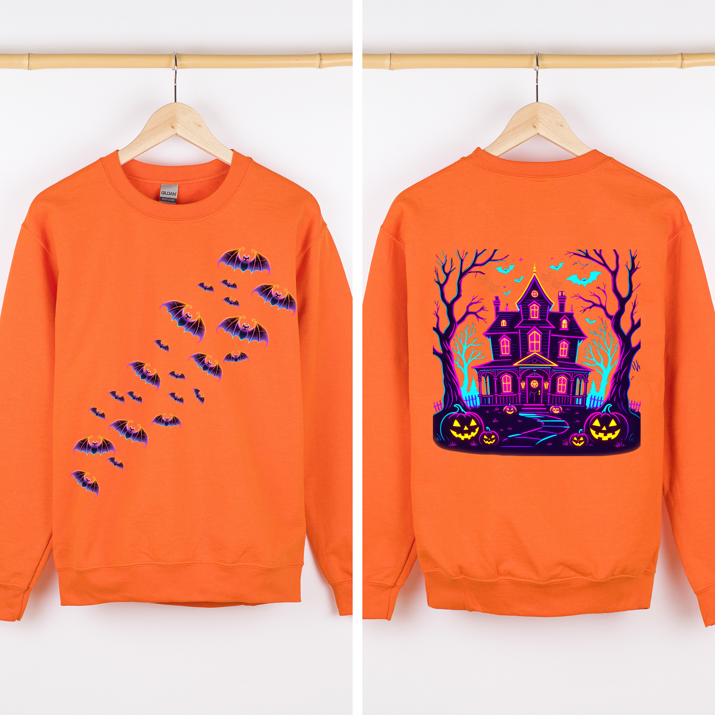 Haunted House, Bright Colors, Halloween, Front and Back, Bats, Ghosts, Spooky Sweatshirt