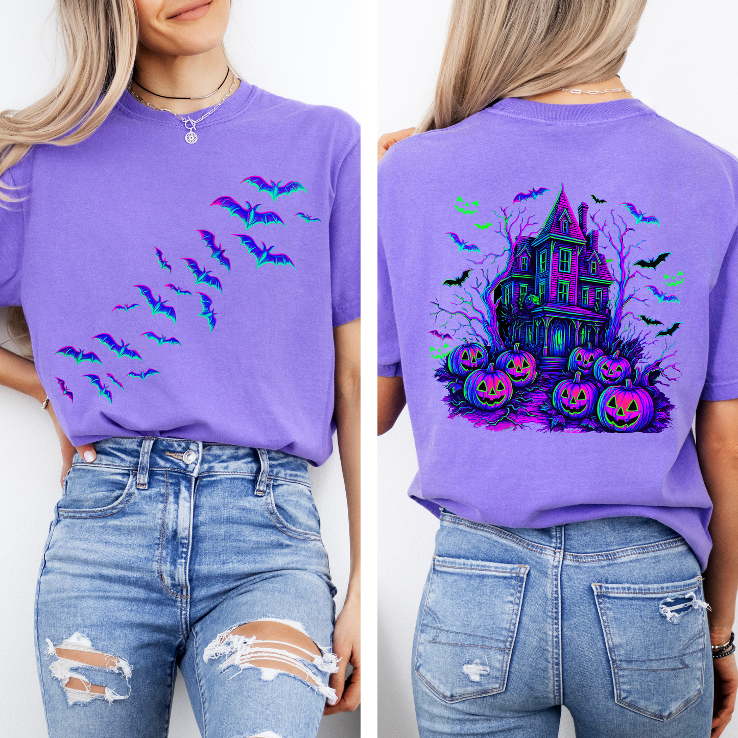Haunted House, Halloween, Bright Colors, Bats, Spooky, Ghosts, Comfort Colors T-Shirt