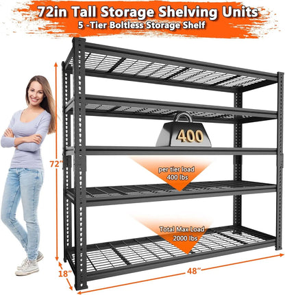 Hausvita Storage Shelves Heavy Duty, 48" L x 18" W x 72" H Garage Wire Shelving Unit Loads 2000LBS, 5-tier Adjustable Metal Industrial Utility Shelf Rack for Kitchen, Laundry Room, Pantry, Warehouse, Basement