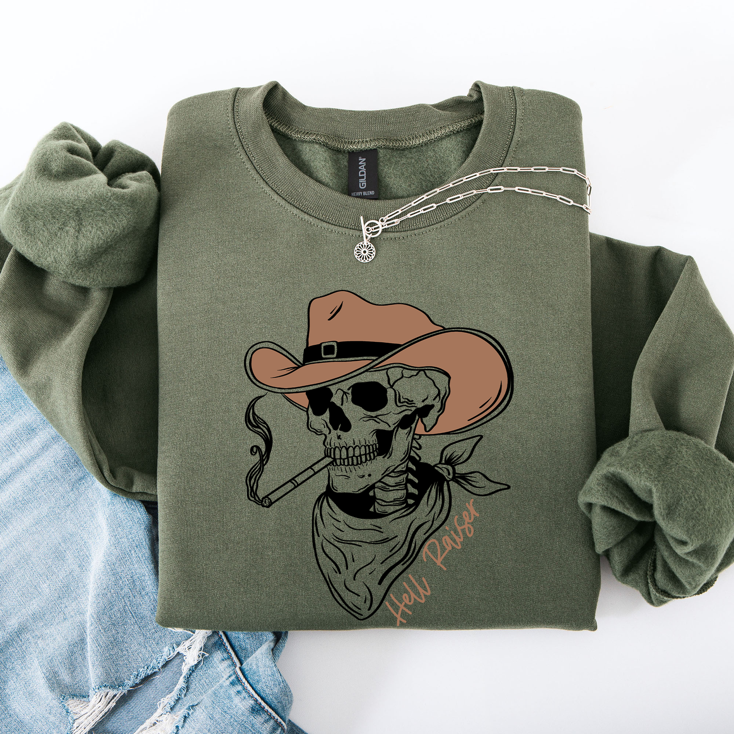 Hell Raiser, Skeleton, Halloween, Spooky, Cowboy, Country, Western Sweatshirt