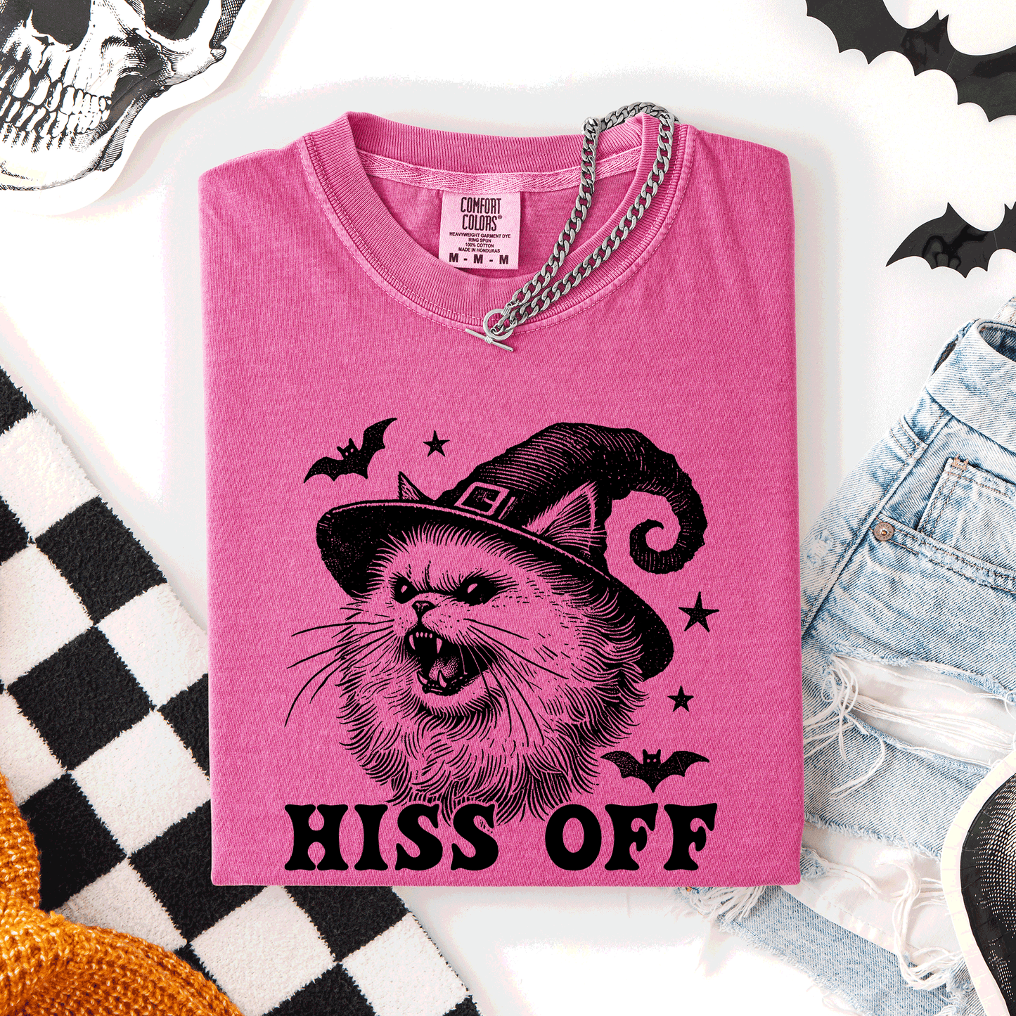 Hiss Off, Cat, Halloween Witch, Funny, Graphic Tee, Trendy, Comfort Colors T-Shirt