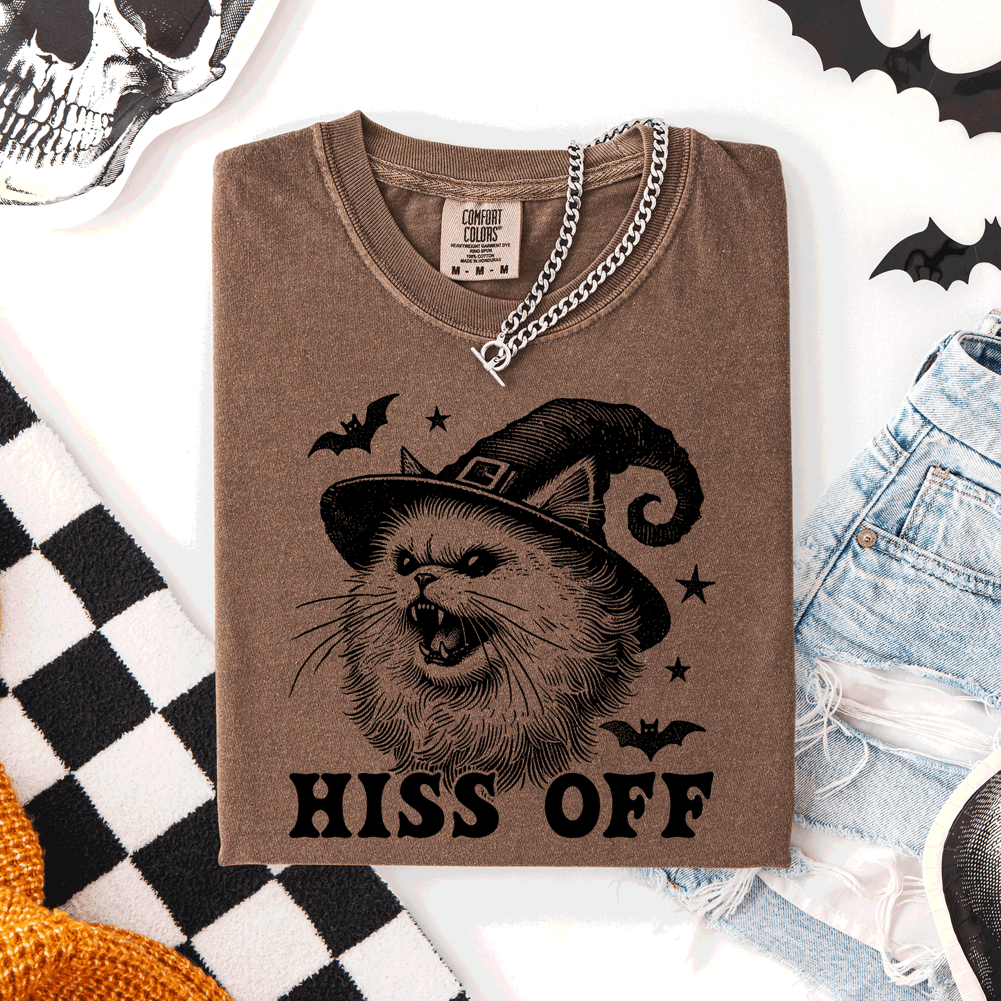 Hiss Off, Cat, Halloween Witch, Funny, Graphic Tee, Trendy, Comfort Colors T-Shirt