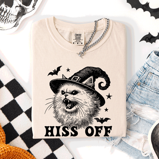 Hiss Off, Cat, Halloween Witch, Funny, Graphic Tee, Trendy, Comfort Colors T-Shirt