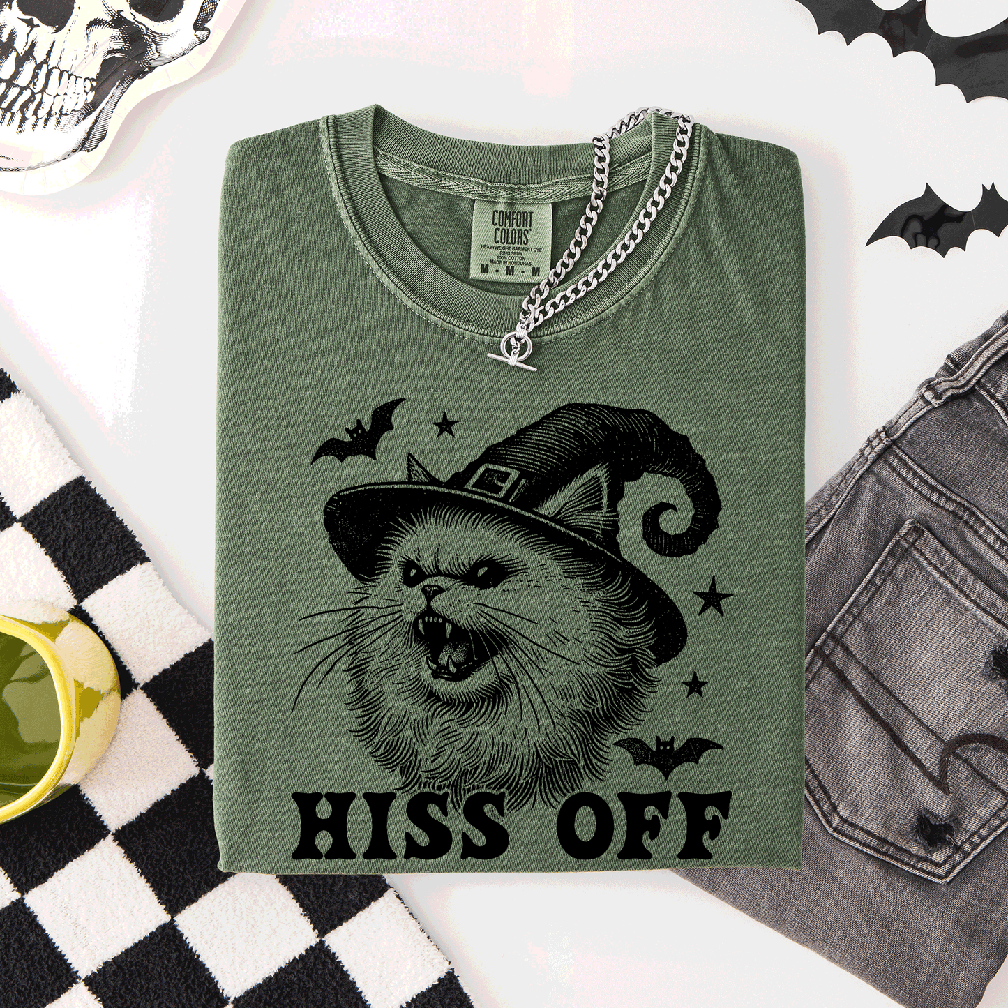 Hiss Off, Cat, Halloween Witch, Funny, Graphic Tee, Trendy, Comfort Colors T-Shirt