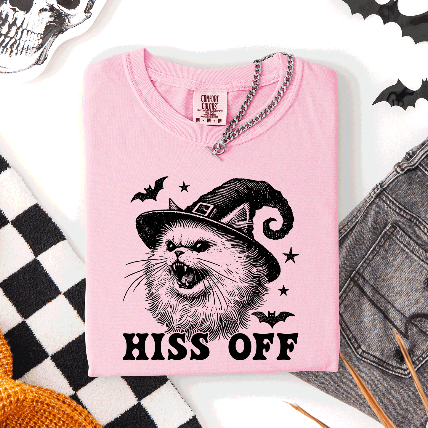 Hiss Off, Cat, Halloween Witch, Funny, Graphic Tee, Trendy, Comfort Colors T-Shirt