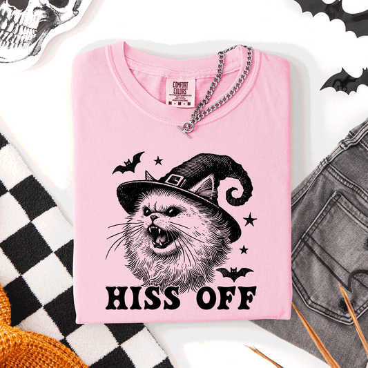 Hiss Off, Cat, Halloween Witch, Funny, Graphic Tee, Trendy, Comfort Colors T-Shirt