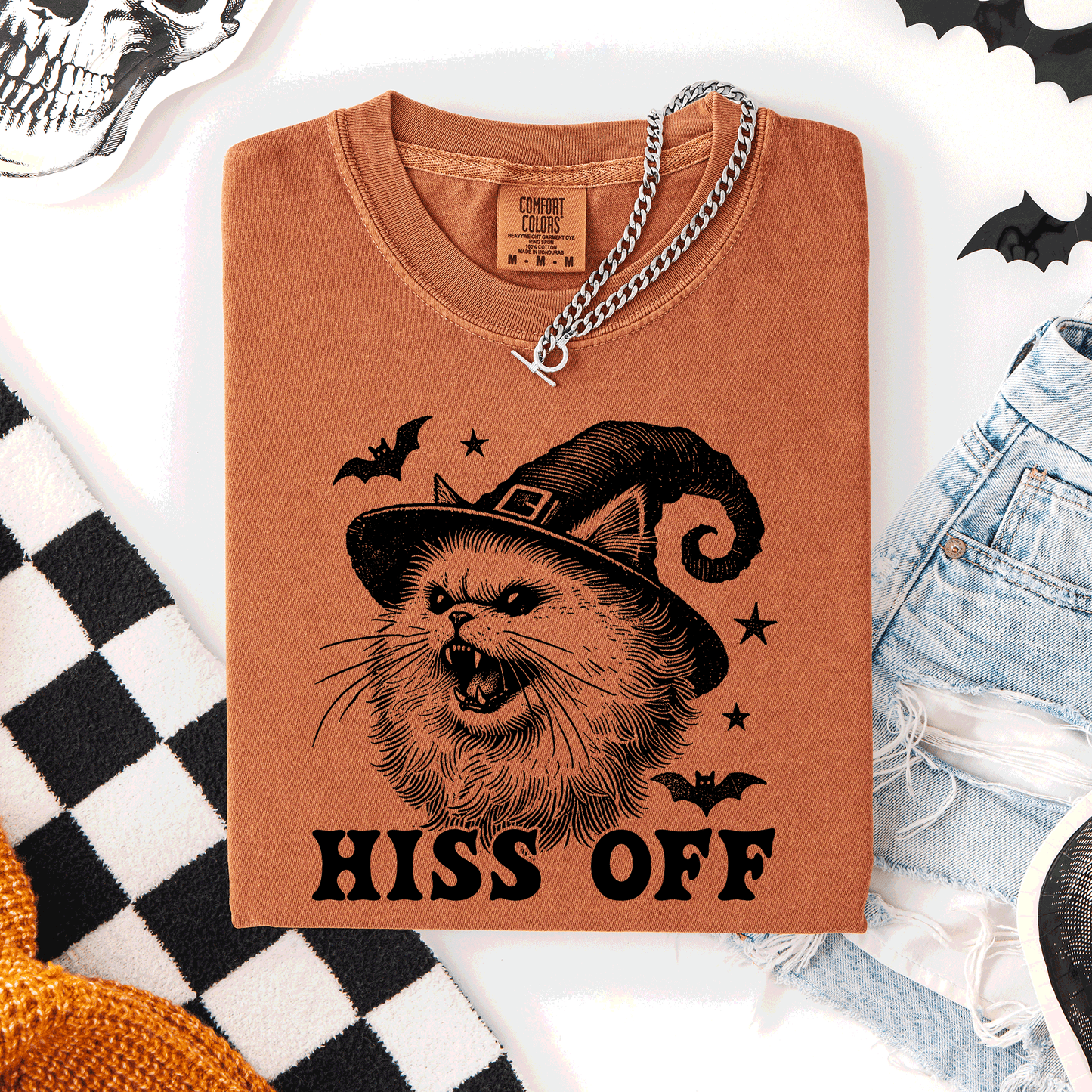 Hiss Off, Cat, Halloween Witch, Funny, Graphic Tee, Trendy, Comfort Colors T-Shirt