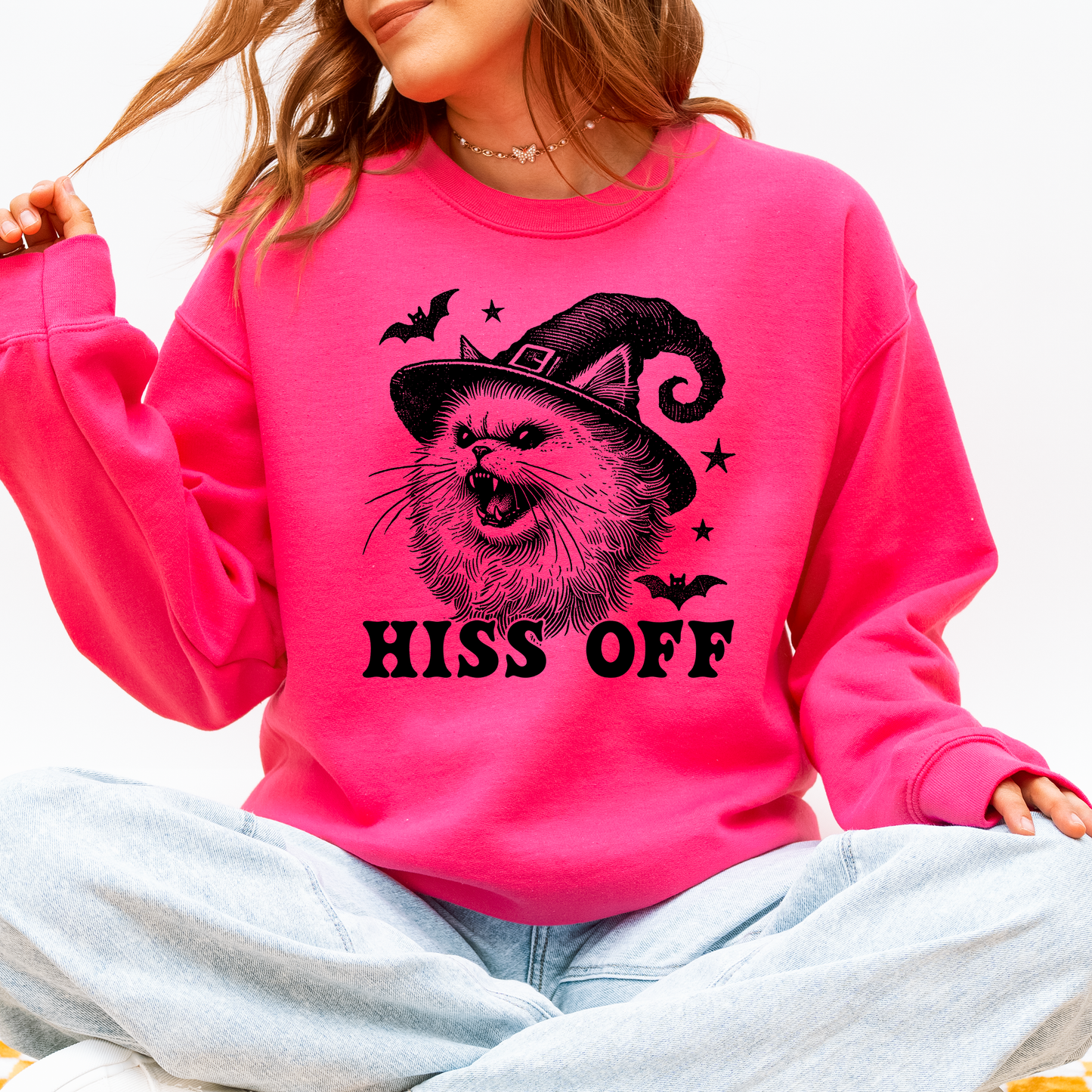Hiss Off, Cat, Halloween Witch, Funny, Graphic, Trendy Sweatshirt