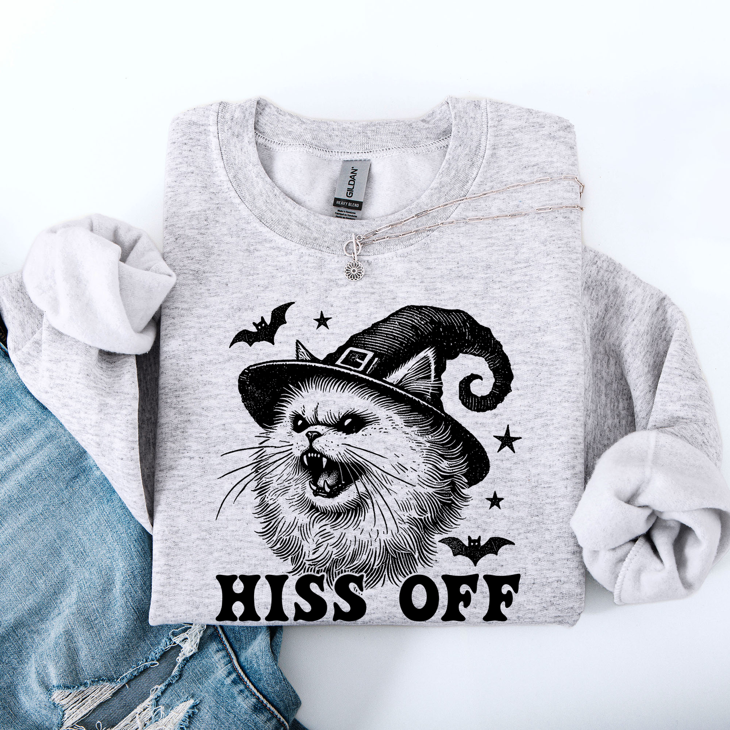 Hiss Off, Cat, Halloween Witch, Funny, Graphic, Trendy Sweatshirt