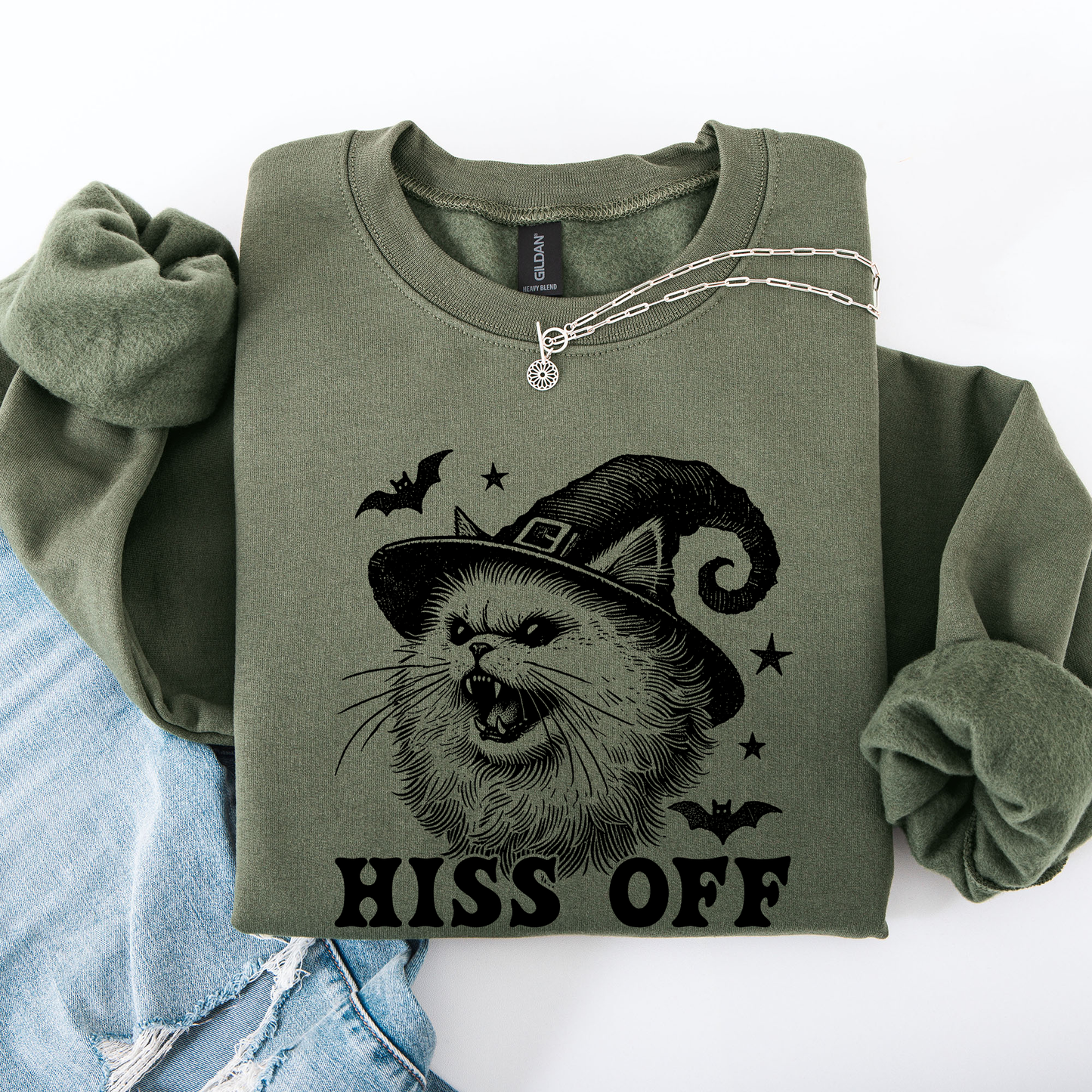 Hiss Off, Cat, Halloween Witch, Funny, Graphic, Trendy Sweatshirt